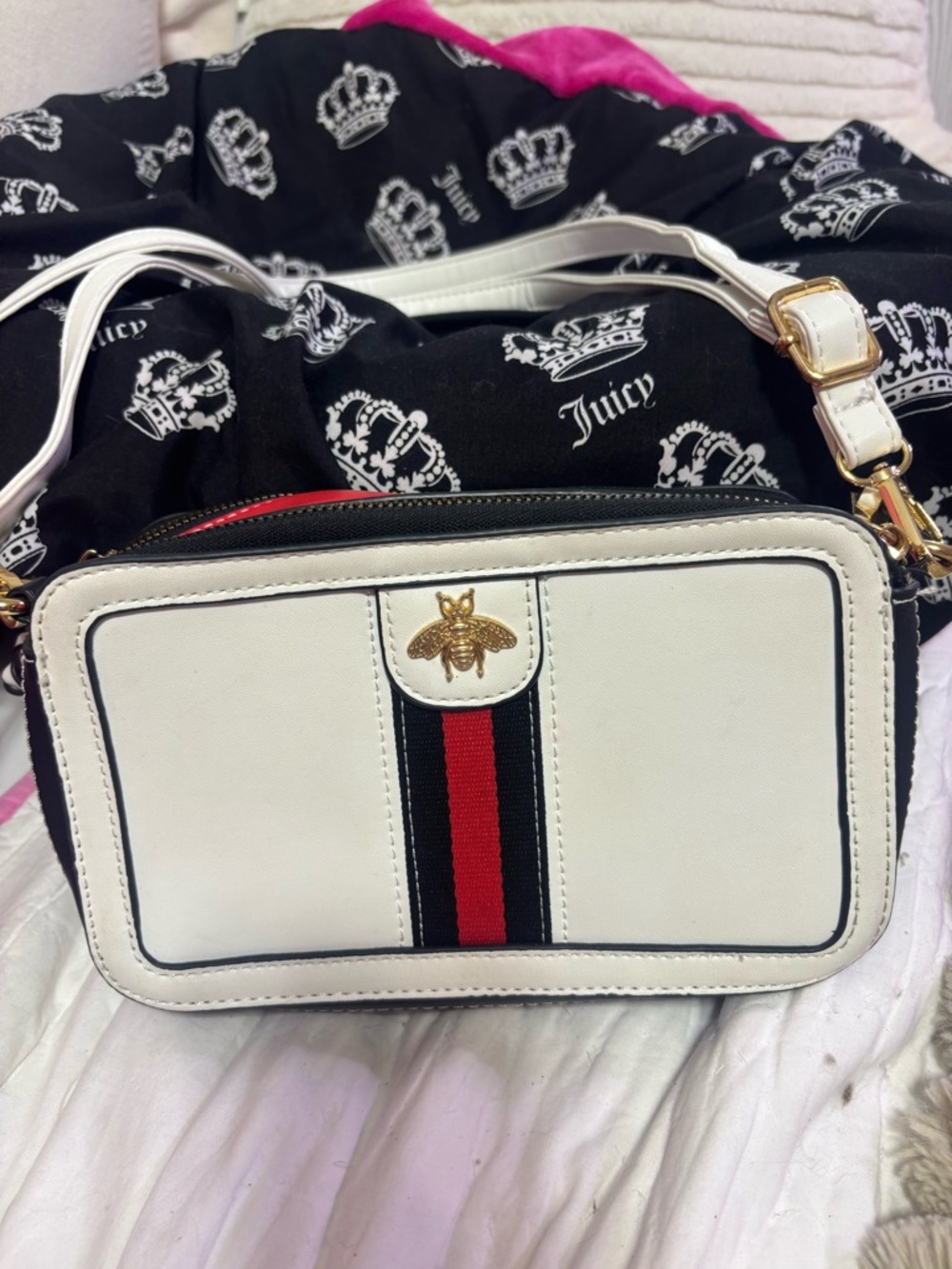White Crossbody Bag with Red and Black Center Stripe and Gold Bee Accent